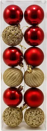 12 Bolas Arvore Natal Vazada Arabesco Gliter Vermelha dourada Gold 5 cm